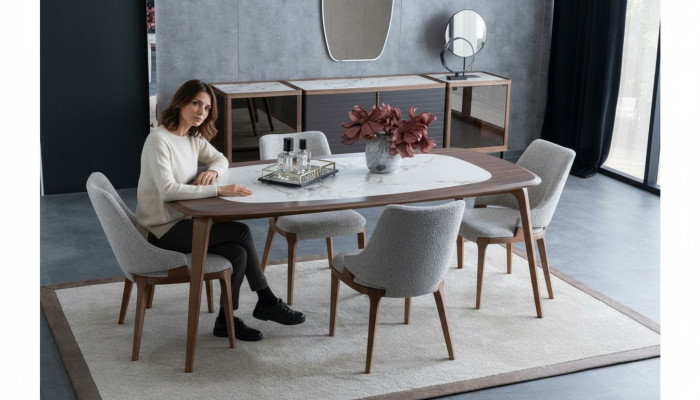 Esszimmergruppe Esstisch 4x Stühle Sideboard mit Spiegel Marmoroptik