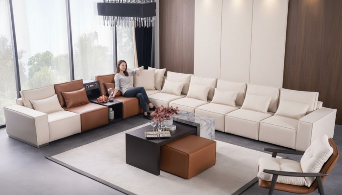 Ecksofa L-Form mit Soundsystem Couchtisch Pouf Sessel Couch Stoff Leder