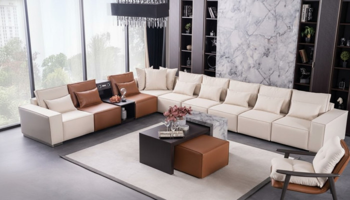 Ecksofa L-Form mit Soundsystem Couchtisch Pouf Sessel Couch Stoff Leder