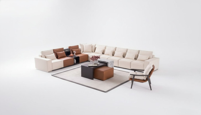 Ecksofa L-Form mit Soundsystem Couchtisch Pouf Sessel Couch Stoff Leder