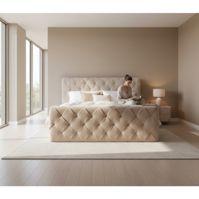Schlafzimmer Doppelbett Bett 180cm Matratze Beige moderner Stil Holz