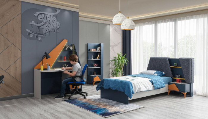 Schlafzimmer  Set Kinderzimmer Bett Nachttisch Schreibtisch Buecherregal Blau