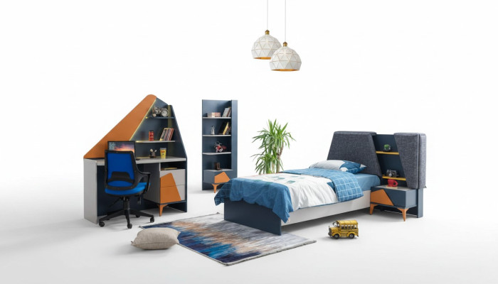 Schlafzimmer  Set Kinderzimmer Bett Nachttisch Schreibtisch Buecherregal Blau