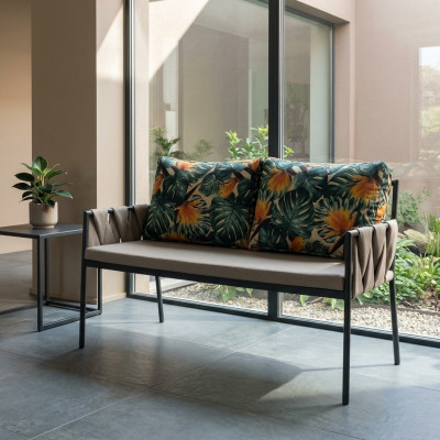 Gartensofa 2er Sofa 2 Sitzer Loungesofa Blättermuster Kissen Gartenmöbel
