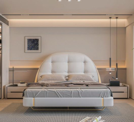 Luxus Graues Bett mit Gold Akzenten Rundes Kopfteil Modernes Design Schlafzimmer