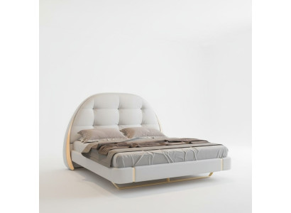 Luxus Graues Bett mit Gold Akzenten Rundes Kopfteil Modernes Design Schlafzimmer