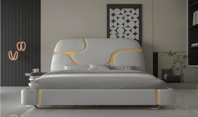 Luxus Bett mit Gold Akzenten Modernes Design Gepolstertes Kopfteil Schlafzimmer