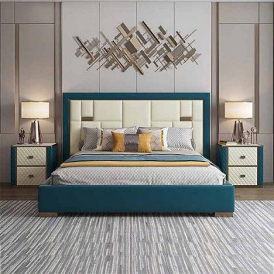 Luxus Blaues Bett mit Gepolstertem Kopfteil Modernes Design und Akzentfarben