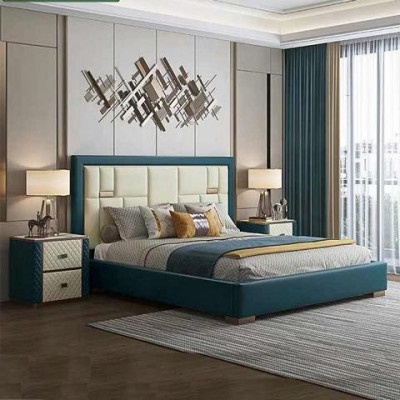 Luxus Blaues Bett mit Gepolstertem Kopfteil Modernes Design und Akzentfarben