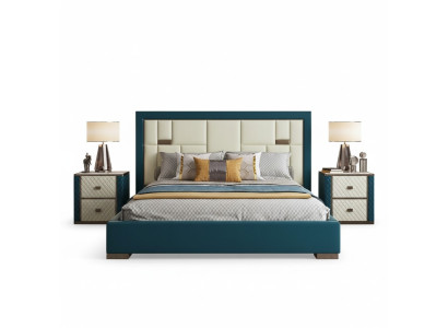 Luxus Blaues Bett mit Gepolstertem Kopfteil Modernes Design und Akzentfarben