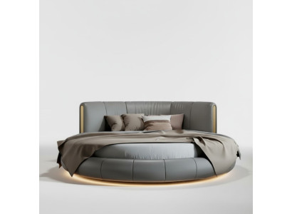 Exklusives Rundbett Grau Beige Polster Leder Design Modernes Schlafzimmer