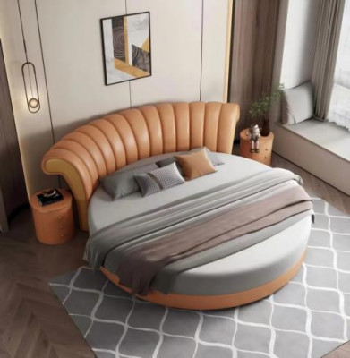 Exklusives Rundbett Weiß Beige Polster Leder Design Modernes Schlafzimmer