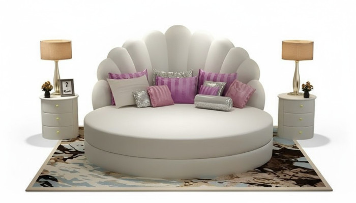Elegantes Rundbett Weiß Shell Design Polster Lila Silber Modernes Schlafzimmer