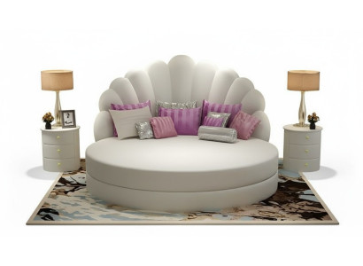 Elegantes Rundbett Weiß Shell Design Polster Lila Silber Modernes Schlafzimmer