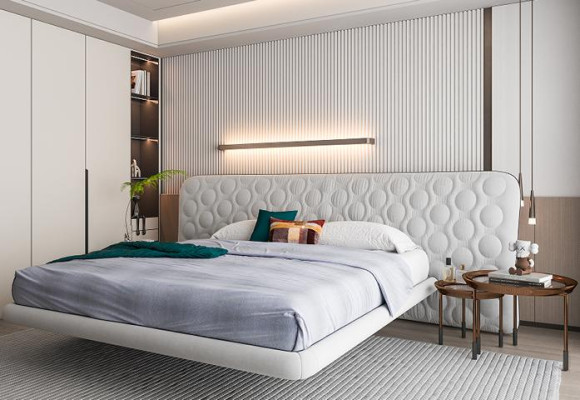 Modernes Bett Weiß Polster Kreis Quilted Design Minimalistisch Schlafzimmer