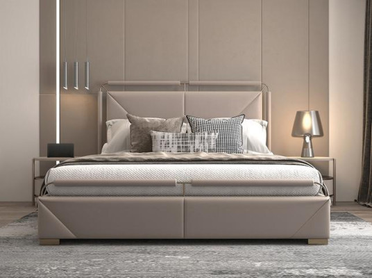 Luxus Bettgestell Modernes Design Beige mit Goldakzenten und Stilvollem Kopfteil
