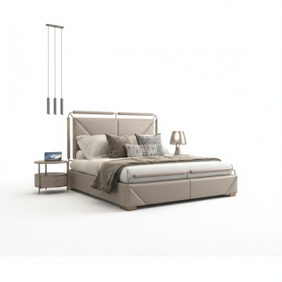 Luxus Bettgestell Modernes Design Beige mit Goldakzenten und Stilvollem Kopfteil