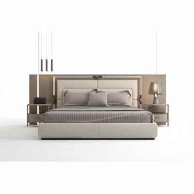 Luxus Bettgestell Modernes Design Beige mit Braun Akzenten Elegantem Kopfteil