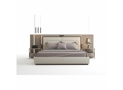 Luxus Bettgestell Modernes Design Beige mit Braun Akzenten Elegantem Kopfteil