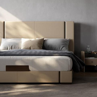 Luxusbett Beige Modernes Polsterbett Komfort Schlafen Stilvolles Design Elegant