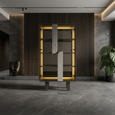 Holz Vitrine in Beige modern elegante Aufbewahrungsschrank