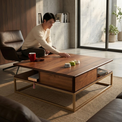 Quadratischer Couchtisch mit Büchernische und stilvollem Sockel
