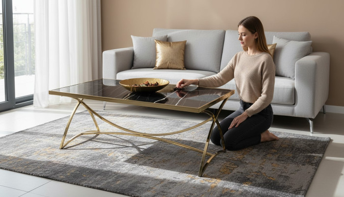Couchtisch mit spektakulärer Tischplatte und geschwungenen Beinen