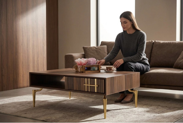 Stilvoller Couchtisch mit eleganten goldenen Beinen und Schublade