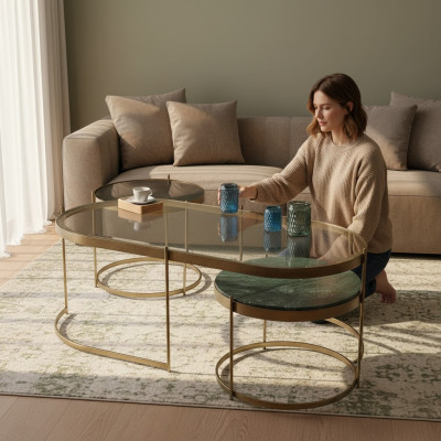 Eleganter Couchtisch mit integriertem Beistelltisch-Design Oval