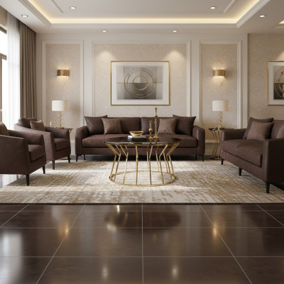 Runder Couchtisch aus Glas mit stabilem Metallgestell in Gold