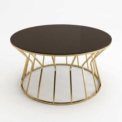 Runder Couchtisch aus Glas mit stabilem Metallgestell in Gold