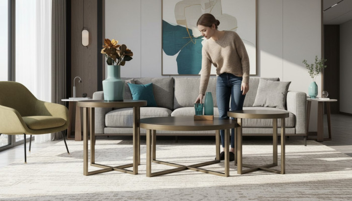 Tischset: Couchtisch & 2 Beistelltische mit Glas & Metall 3tlg Satztisch