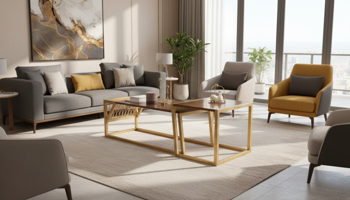 Satztisch Couchtisch aus Nussbaumfurnier mit Ablage 120x50 50x50