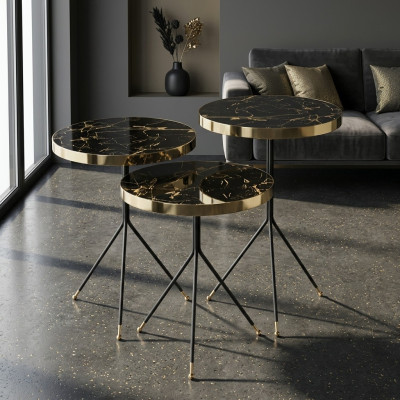 Elegante Beistelltische mit schwarzer Tischplatte und goldener Umrandung