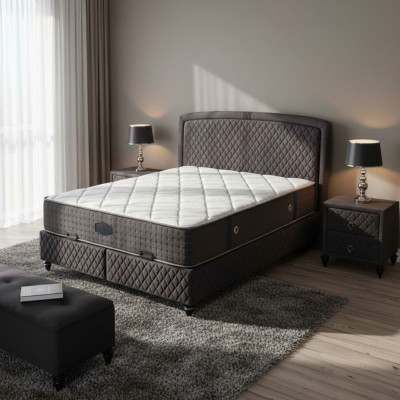 Schwarzes Textil-Holz Bett mit Matratze modern und elegant