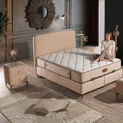 Beige Textil-Holz Bett mit Matratze modern und komfortabel