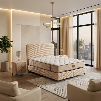 Beige Textil-Holz Bett mit Matratze modern und komfortabel