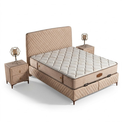 Beige Textil-Holz Bett mit Matratze modern und komfortabel