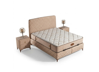 Beige Textil-Holz Bett mit Matratze modern und komfortabel