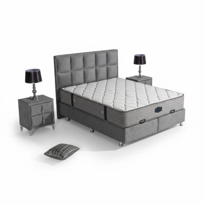 Graues Bett mit Matratze aus Textil und Edelstahl, modernes Design