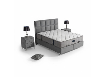 Graues Bett mit Matratze aus Textil und Edelstahl, modernes Design