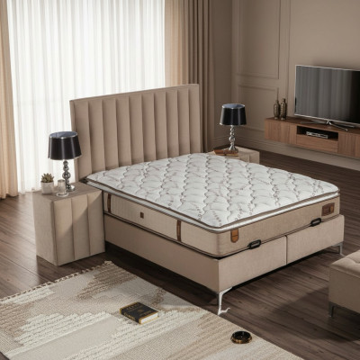Elegantes Beiges Bett mit Matratze aus Textil und Edelstahl