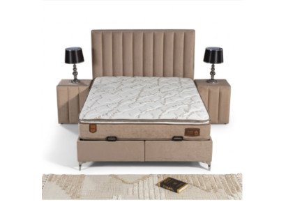Elegantes Beiges Bett mit Matratze aus Textil und Edelstahl