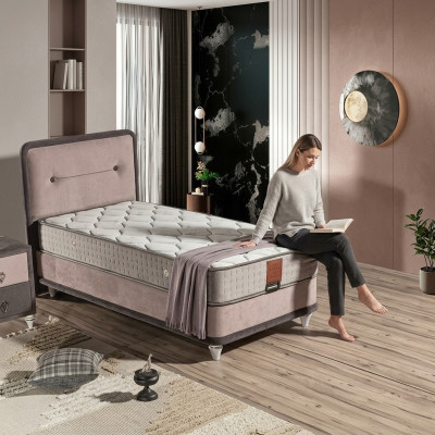 Beige Holz Textil Bett mit Matratze Elegant und Robust