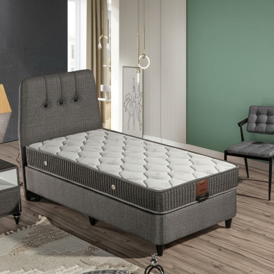 Modernes graues Bett aus Holz mit Textilpolsterung und Matratze