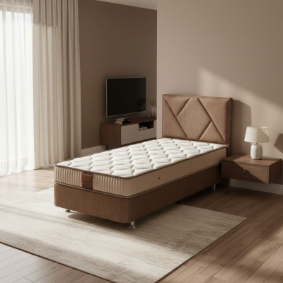 Elegantes braunes Bett mit Matratze aus Textil und Edelstahl