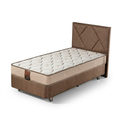 Elegantes braunes Bett mit Matratze aus Textil und Edelstahl