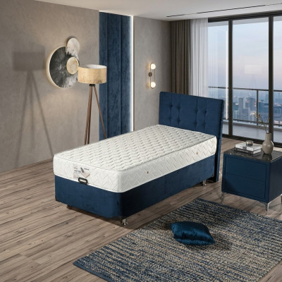 Blaues Bett mit Matratze aus Textil und Edelstahl