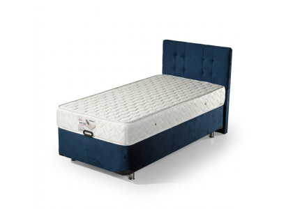 Blaues Bett mit Matratze aus Textil und Edelstahl