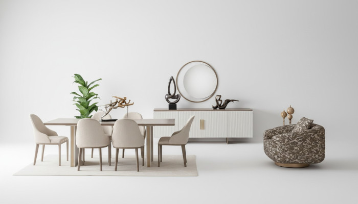 Esszimmer-Set mit Tisch, 6 Stühlen, Sideboard und Spiegel